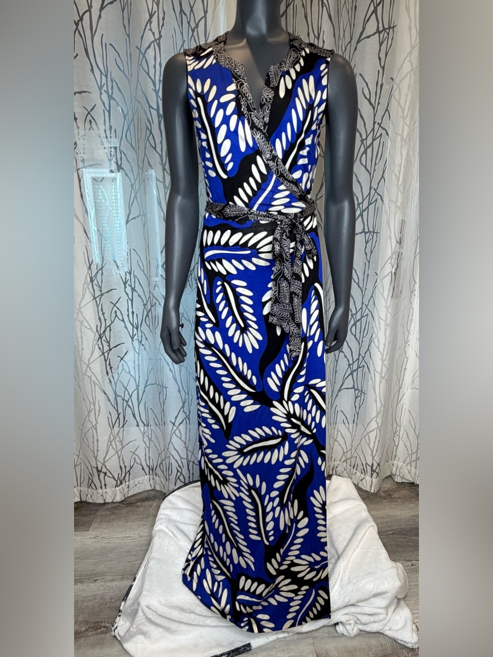 Diane von Furstenberg DVF Orchid Maxi Wrap Dress Riviera Buds Blue Size 10